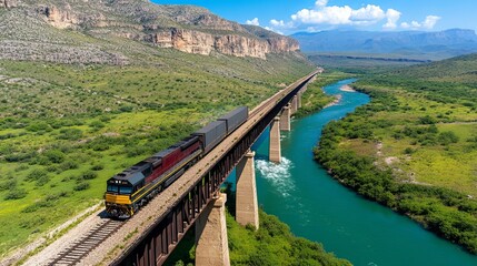 Naklejka premium A powerful train crosses a bridge over a vibrant river surrounded by lush green hills under a bright blue sky.