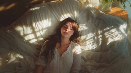 Fototapeta premium Portrait of a woman lying on the bed