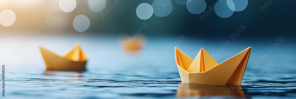 Poster yellow paper boats floating in calm water create serene atmosphere. soft bokeh effect in background 