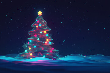 Glowing Christmas Tree of Lines and Dots with a Starry Night Background