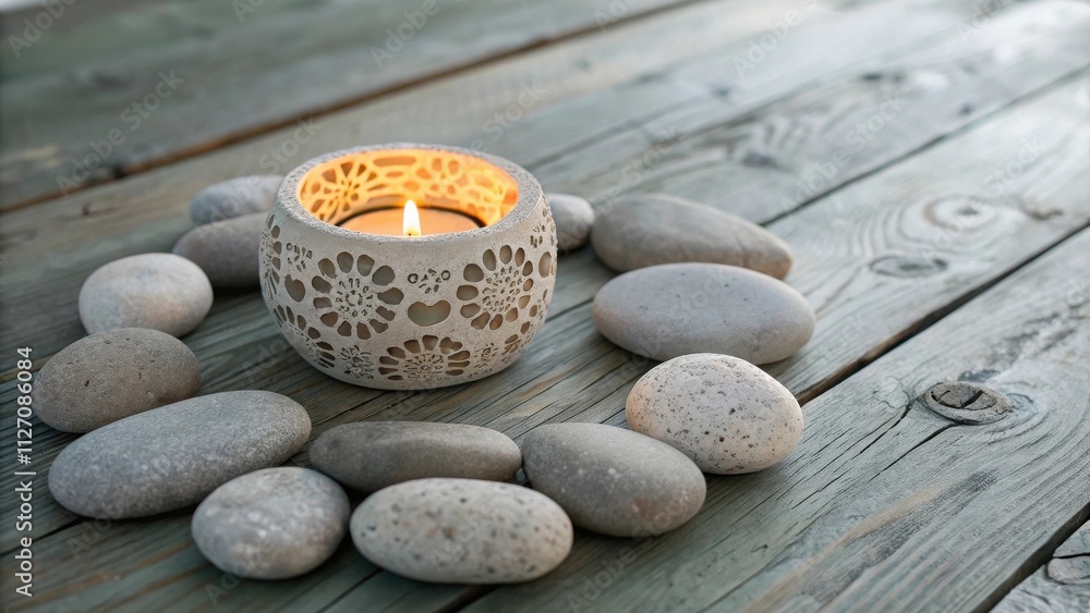 Poster a glowing candle in a delicate patterned holder rests among a circle of smooth, gray stones on a wea