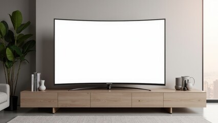 Stylish curved TV mockup on a modern entertainment unit, with a blank screen ready for customization in a sophisticated living room.