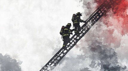Watercolor Illustration of Two Firefighters Climbing a Ladder in a Dramatic Scene with Red and Gray Background
