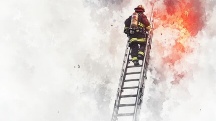 Watercolor Illustration of a Determined Firefighter Climbing a Ladder Amidst Fiery Smoke and Dramatic Clouds