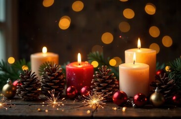 A candle and various Christmas decorations are on a wooden table