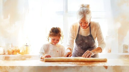 Soft Watercolor Illustration of a Grandmother and Granddaughter Cooking Together in a Bright Kitchen