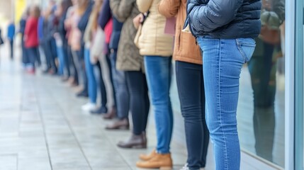 Line of people outside unemployment office, reflecting the challenges and resilience of individuals facing economic hardship, community solidarity in uncertain times.