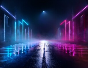 Dark, abstract background of a wet street, neon lights, smoky atmosphere, and a futuristic performance stage feel.
