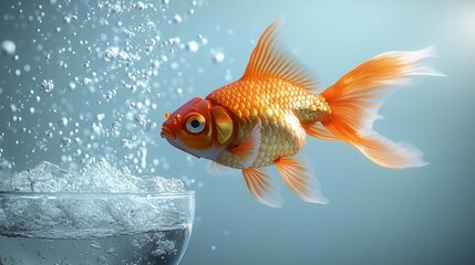 Goldfish jumping into an empty fishbowl with a light blue background. Generative AI
