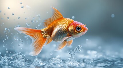 Goldfish jumps out of water into an empty fishbowl. Generative AI