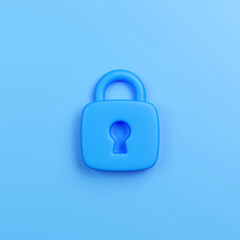 Blue padlock icon symbolizing security, privacy, or protection, set against a clean light blue gradient background. 3D render illustration