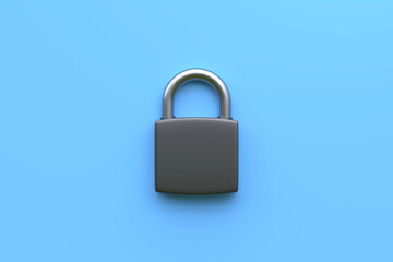 Minimalist black padlock with a metallic shackle placed against a clean light blue background, symbolizing security and protection. 3D render illustration