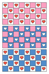 Valentines day. Horizontal Retro Checkered print with hearts. Love mood. Playful Colorful Geometric composition. Groovy Funny Y2k vibe. Simple abstract shapes. Pink and blue. Design elements