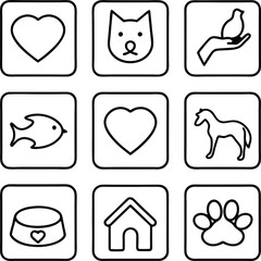Animal Icons Love, Care, Pets, Shelter, Heart, Paw, Bird, Fish, Dog, Horse