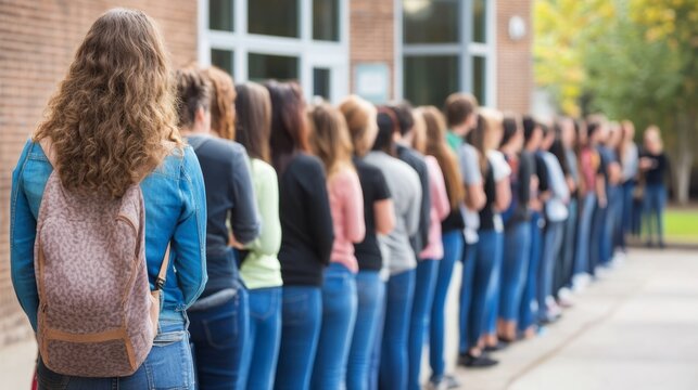 Line of people outside unemployment office, reflecting the challenges and resilience of individuals facing economic hardship, community solidarity in uncertain times.