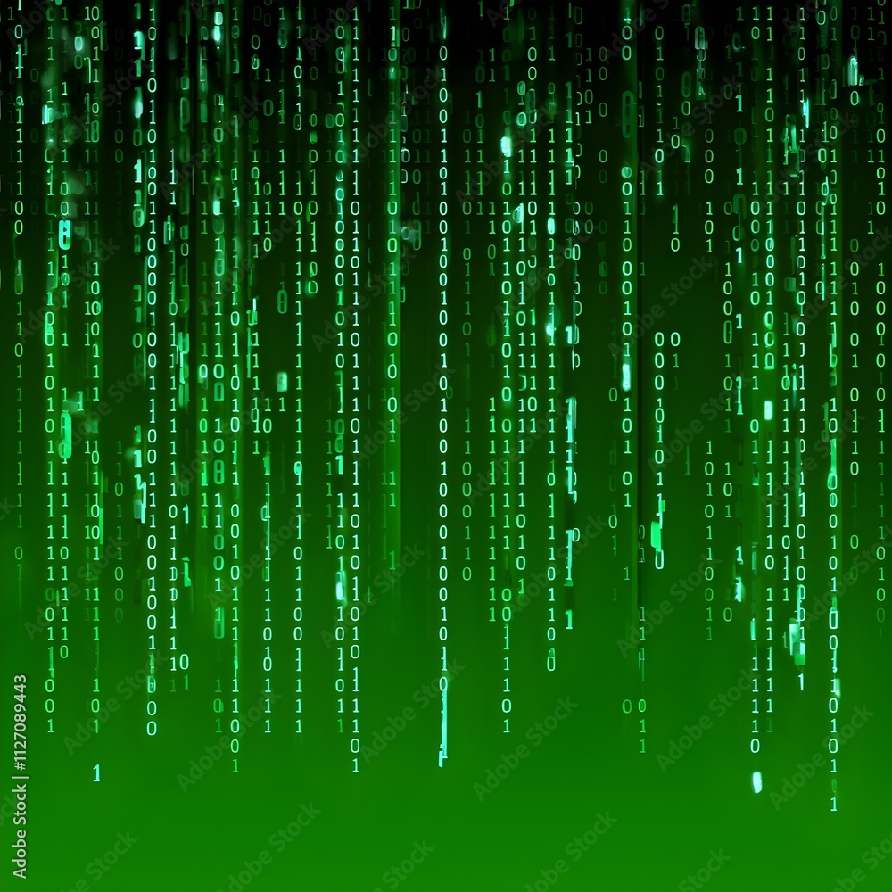 Poster abstract animation of binary code cascading down like digital rain, representing data insights in monochromatic hues