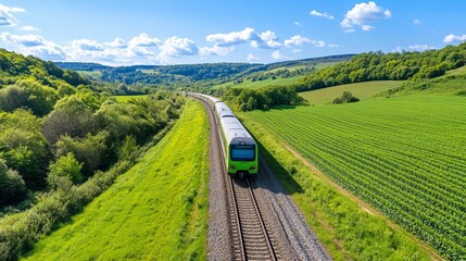 A green train traveling through lush green fields, surrounded by rolling hills under a bright blue sky with fluffy white clouds.