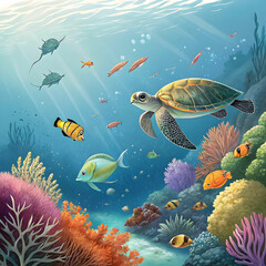 Naklejka premium beautiful sea life with aquatic animal