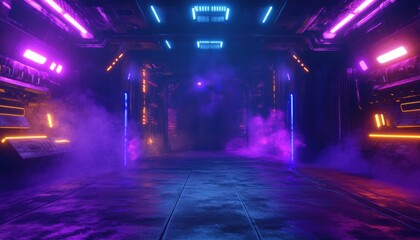 Fototapeta premium Futuristic Neon Corridor Cyberpunk Sci Fi Vaporwave Purple Blue Lights Smoke Grunge