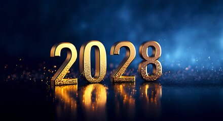New Year 2028 Golden Glowing Numbers with Reflective Surface and Stage Lights
