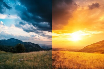 Obraz premium Dual landscape: hills, grass, contrasting sunset, dusk skies.