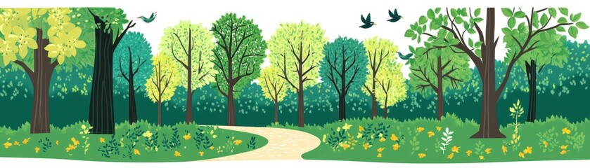 Obraz premium A vibrant forest scene with trees, flowers, and a winding path, evoking nature's beauty.