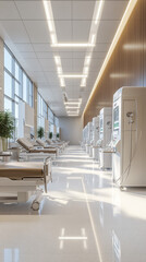 Sterile and modern dialysis center with advanced dialysis machines and comfortable patient areas
