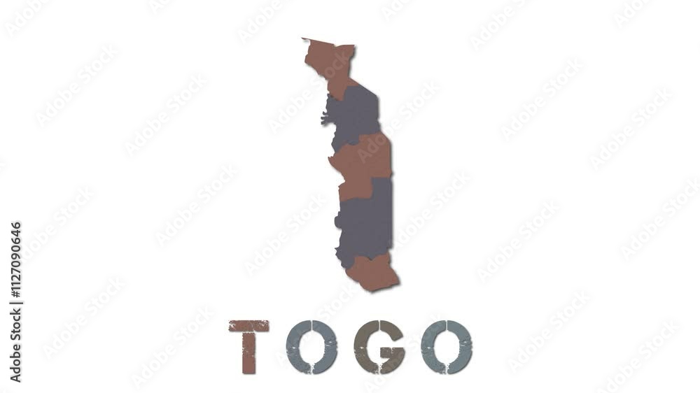 Poster togo map with paper regions. animated country map growing from regions and title letters falling dow