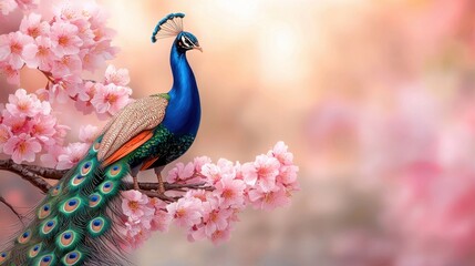 A vibrant peacock perches gracefully on a cherry blossom branch, its vibrant plumage contrasting beautifully with the delicate pink sakura petals in full bloom