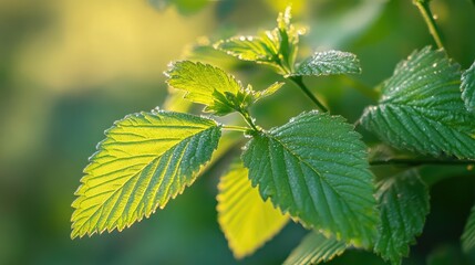 Close-up of morning dew drops glistening on a green leaf under soft sunlight.