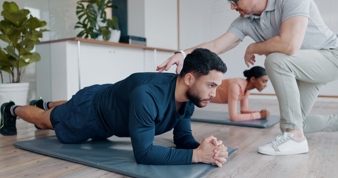 Fitness, plank or training and coach with couple in home for core strength and conditioning. Balance, exercise or workout and people with personal trainer in apartment for challenge or health