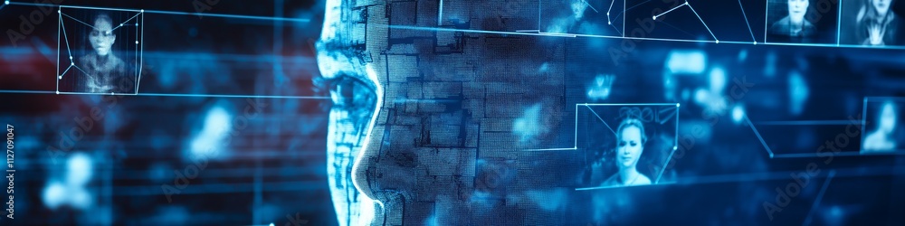 Poster a computer screen shows a face with a blue background. the face is surrounded by a blue border and i
