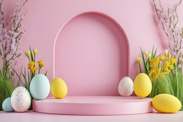 Empty product podium in Easter style with colorful Easter eggs and blue background for product presentation, Design template for mockup, 3d rendering illustration