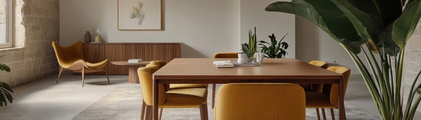 Fototapeta premium Cozy and Minimalist Dining Room with Wooden Furniture and Lush Greenery