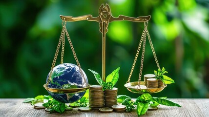 Scales with the planet on one side and coins on the other, framed by eco-friendly symbols and green hues, highlighting sustainability and commerce.