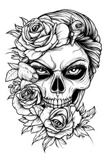 Fototapeta premium A skull with roses and leaves surrounding it. The skull has a menacing look and the roses and leaves add a touch of beauty to the overall design