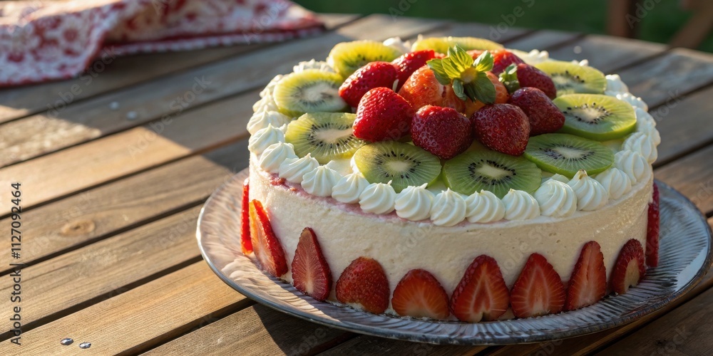 Poster a whipped cream cake topped with slices of kiwi and fresh strawberries on a wooden table