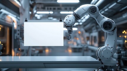 A poster blank mockup with a futuristic robotic arm holding it, set in a sci-fi laboratory environment