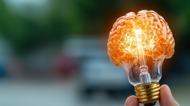 The concept of the human brain as a lightbulb symbolizes the generation of new ideas, creativity, and innovation