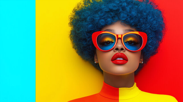 Bold and Bright: A fashion-forward woman with a vibrant blue afro and statement sunglasses, confidently stares into the camera against a backdrop of bold, contrasting colors.
