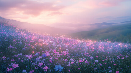 Dreamy meadow with glowing flowers, soft pastel colors, ethereal light, and a tranquil ambiance, under a twilight sky.