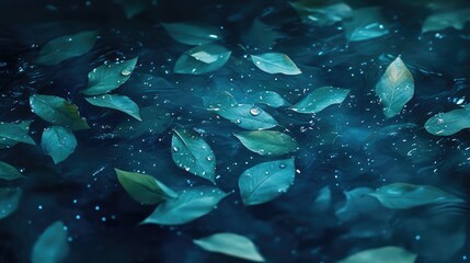 Dew drops scattered across a vibrant blue-green leaf under diffused lighting.