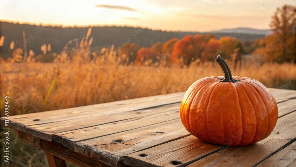 Poster a lone pumpkin rests on a rustic wooden table, bathed in the warm glow of a golden sunset, while a f
