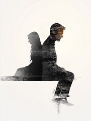 Minimalist double exposure poster of a silhouetted man and woman sitting back-to-back, conveying an emotional connection. The digital art style features high-contrast lighting.