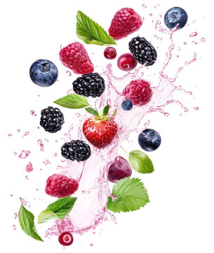 PNG Berries flying in the air with pink water splash berry blackberry blueberry.