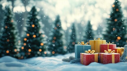 Vibrant red, yellow, and blue gift boxes with golden ribbons in a snowy forest setting, surrounded by evergreen trees and glowing festive bokeh lights