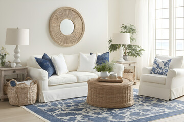 Bright coastal living room with white furniture, nautical accents, and a soothing blue and beige color palette