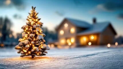 The snow covered Christmas tree stood tall in front of the cozy house, its twinkling lights casting a warm glow against the white winter landscape.