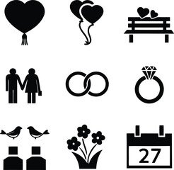 Romantic Love Icons Hearts, Rings, Couples, Wedding, Balloons
