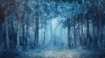 Mystical forest with moonlight breaking through trees, glowing magical particles, and a serene, ethereal atmosphere.